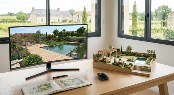 Vue d'un plan 3D de jardin sur écran d'ordinateur en environnement professionnel, montrant une maquette numérique d'aménagement paysager avec végétation, terrasse et éléments de maçonnerie paysagère, en contexte clairement professionnel avec matériel de bureau ou maquette physique d'aménagement aux côtés de l'écran.