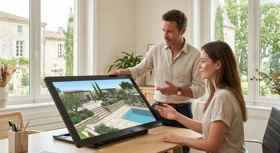 Vue d'un professionnel paysagiste en train de présenter des plans 3D d'un projet de jardin sur un écran d'ordinateur ou une tablette à un client, dans un bureau ou sur le site du jardin prévu. Le professionnel pointe ou explique les détails du plan virtuel. L'ambiance est professionnelle et accueillante, montrant la discussion collaborative entre le concepteur et le client autour de la visualisation numérique du futur aménagement.