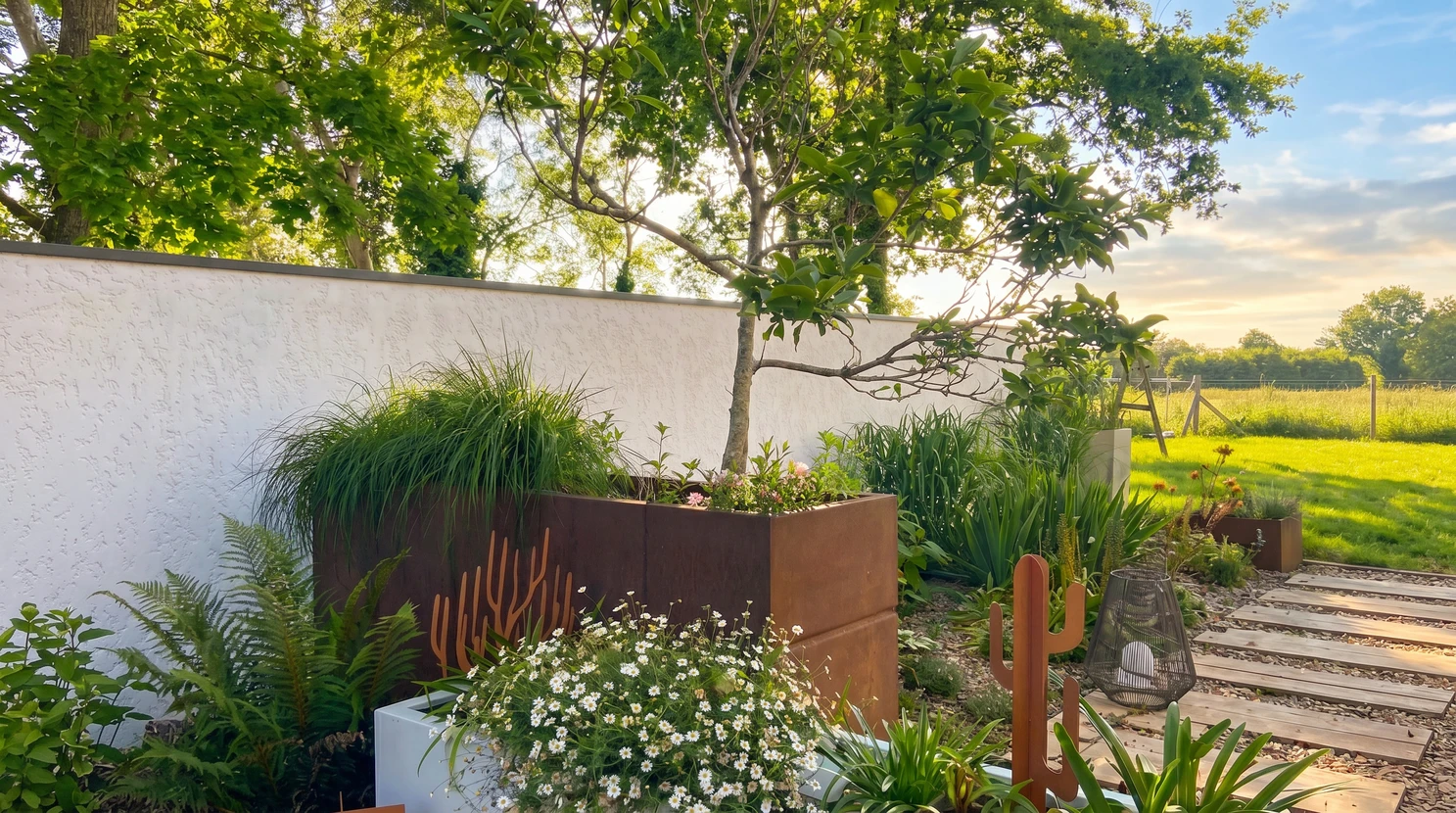 Jardin paysager contemporain en extérieur, golden hour